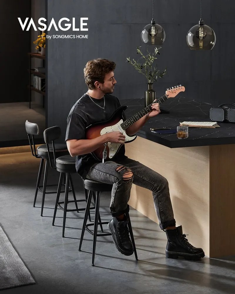 VASAGLE EKHO – Sada 2 barových stoličiek z umelej kože, otočné, LBC089 Farba: čierna