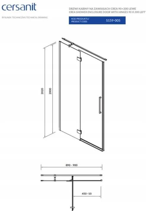 Cersanit Crea, krídlové dvere do otvoru 90x200 cm (ľavé), 8mm číre sklo, chrómový profil, S159-005