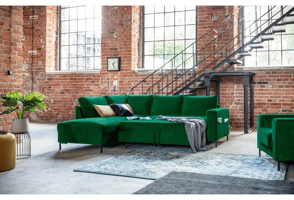 Tmavozelená zamatová rozkladacia rohová pohovka (ľavý roh) Lofty Lilly – Miuform