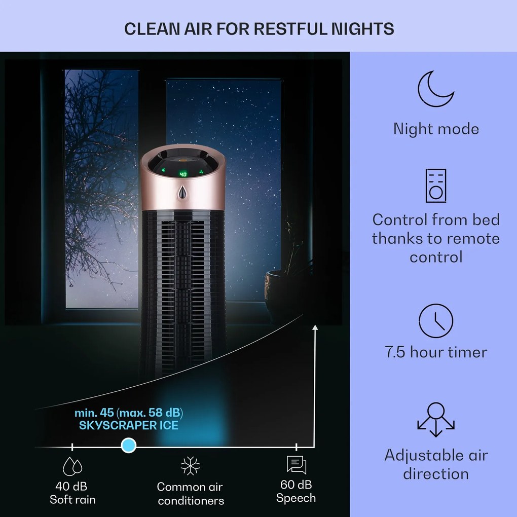 Klarstein Skyscraper Ice, 4 v 1 ochladzovač vzduchu, ventilátor, čistička vzduchu, zvlhčovač, 45 W, 210 m³/h, oscilácia, mobilný, diaľkové ovládanie
