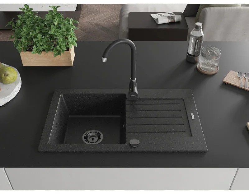 Mexen Pablo, granitový drez 752x436x161 mm, 1-komorový a čierna batéria Telma, čierna-strieborná metalíza, 6510-73-670200-70-B