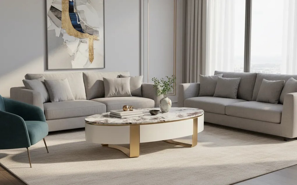Konferenčný stolík Stilig SR923 150 cm biely/zlatý/mramor