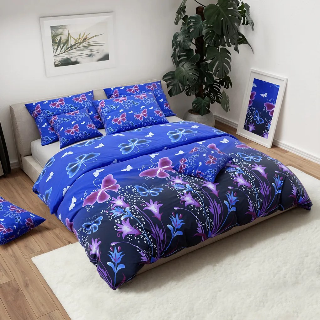 Bavlnené obliečky FIALOVÝ MOTÝĽ tmavomodré Rozmer obliečky: 70 x 90 cm | 140 x 200 cm
