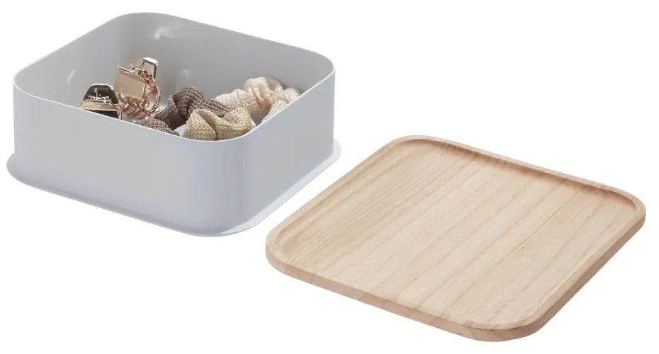 Sivý úložný box s vekom z dreva paulownia iDesign Eco, 21,3 x 21,3 cm
