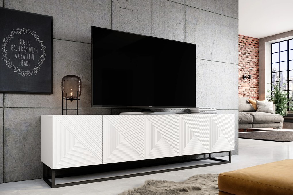 TV stolík Asha 200 cm na čiernom podstavci - biely mat