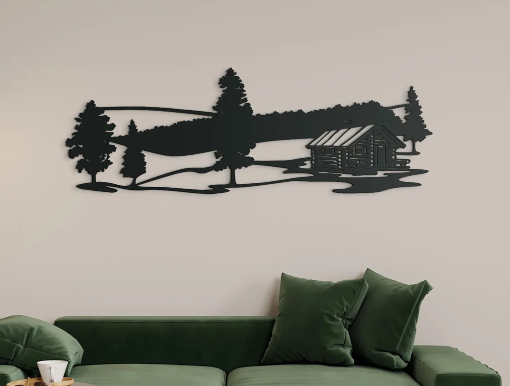 drevko Ľudový drevený obraz Chata v lese Rozmer obrazu: 15 x 44,5 cm, Farba dekorácie: Čierna