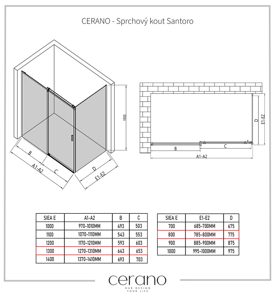 Cerano Santoro, sprchovací kút s posuvnými dverami 130(dvere) x 80(stena) x 195 cm, 6mm šedé sklo, čierny profil, CER-CER-425485