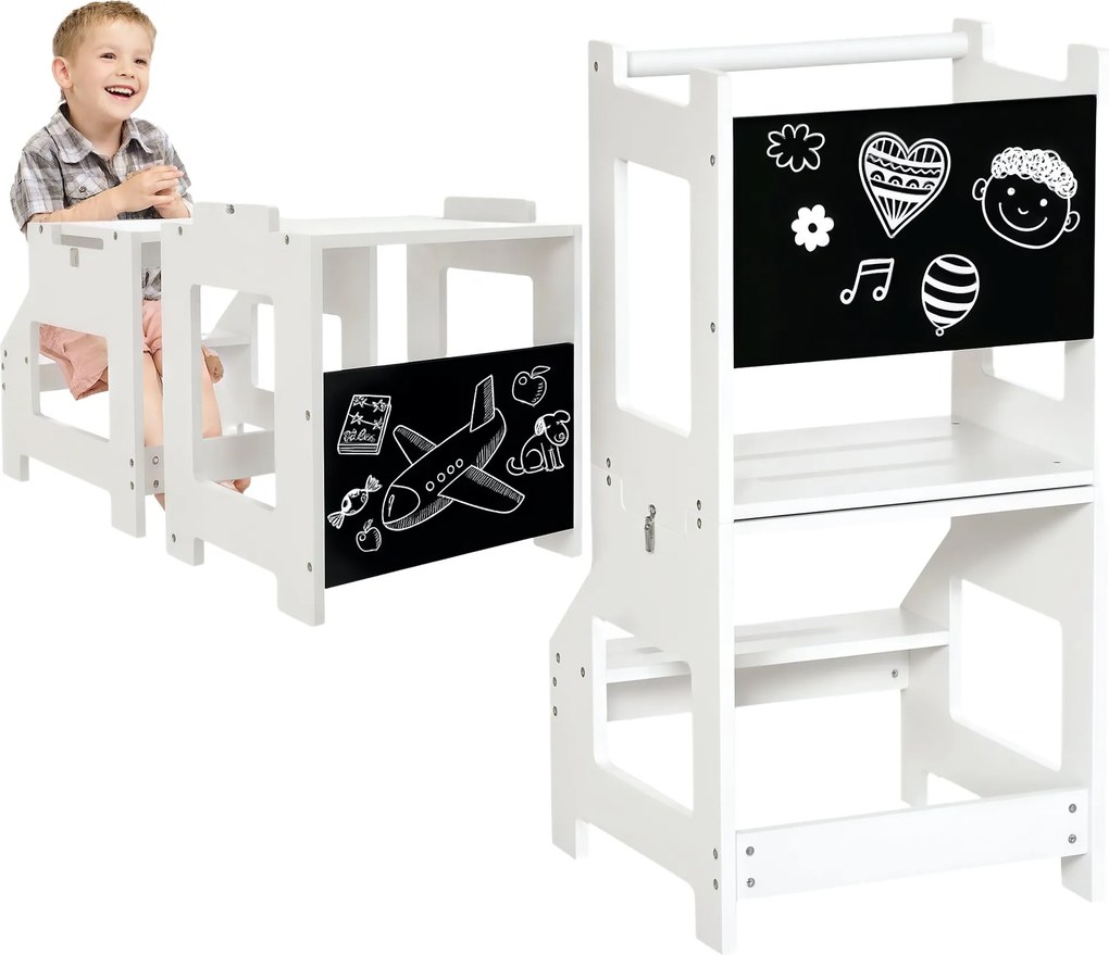 HOMCOM 2-v-1 Learning Tower Detské schodíky pre 3+ rokov s možnosťou premeny na stôl s tabuľou a bezpečnostným zábradlím 42x44x86 cm Biela | Aosom