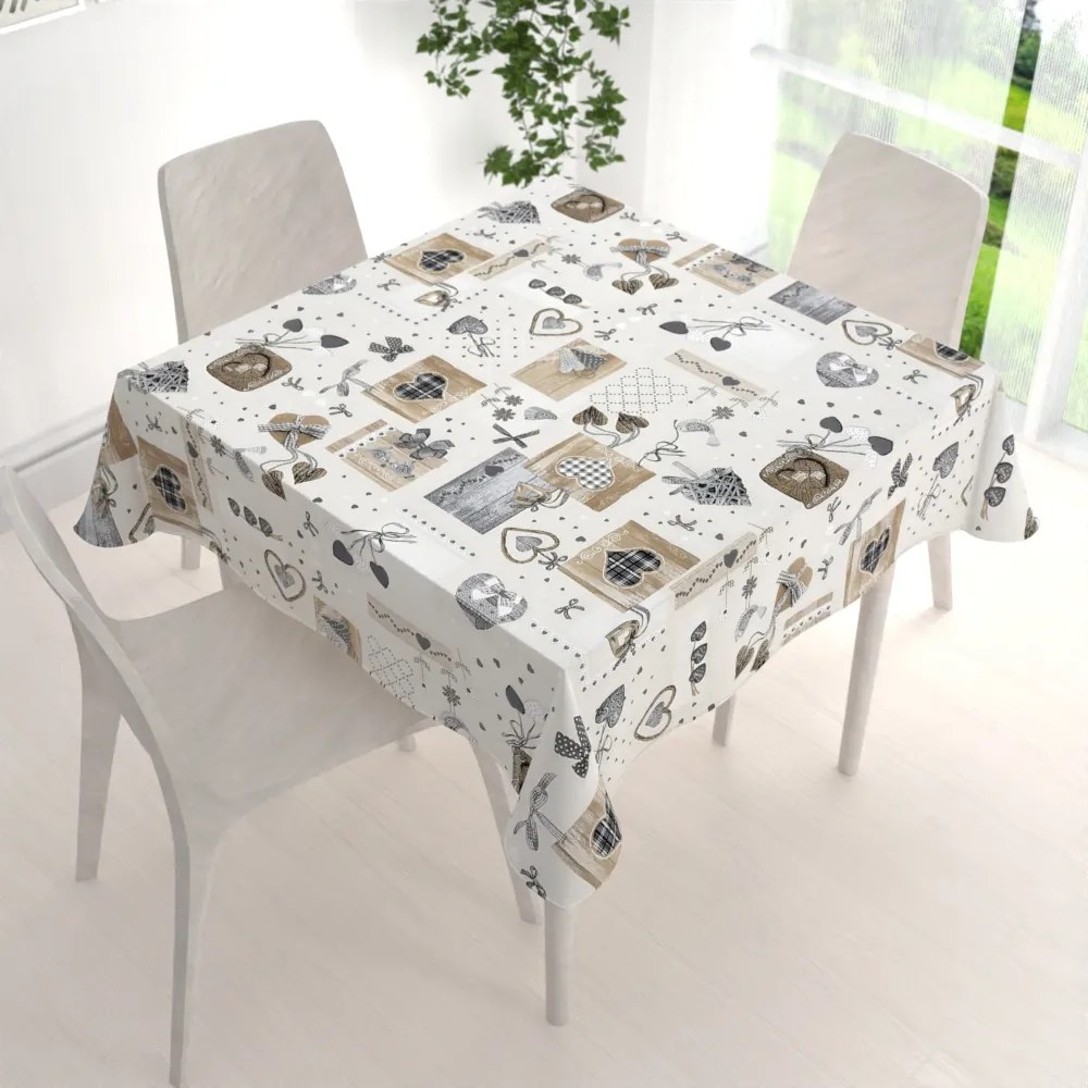 Biante Dekoračný štvorcový obrus Porto PRT-014 Hnedo-sivé srdiečka na krémovom 110x110 cm