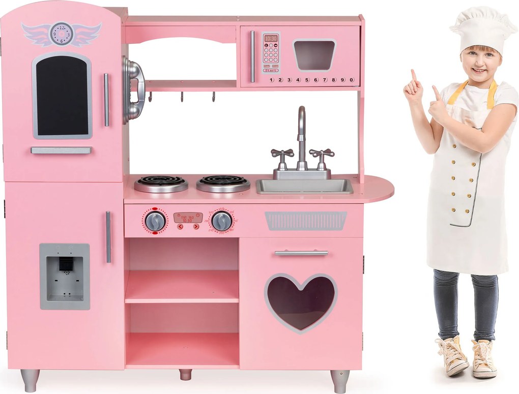 Veľká drevená detská kuchynka ECOTOYS – zvukové efekty, ružová