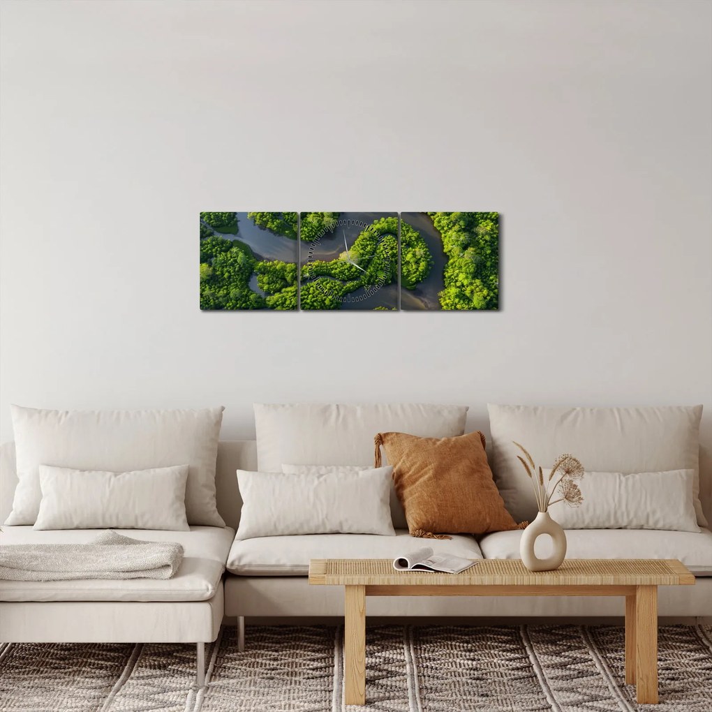 Obraz - Lesná krajina s riekou (s hodinami) (90x30 cm)
