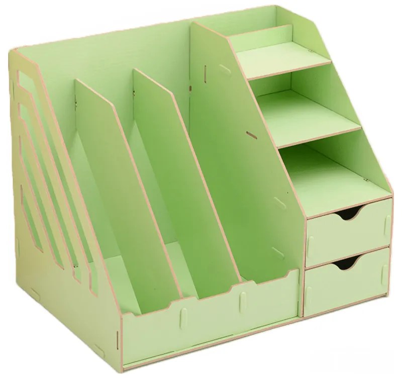 Drevený kancelársky organizér na dokumenty s 7 priehradkami a 2 zásuvkami zelený DIY 5-B