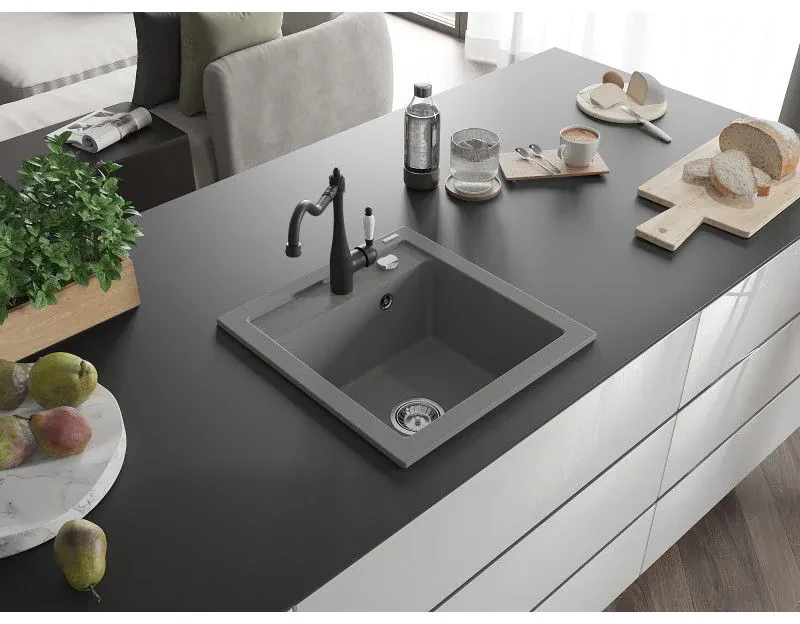 Mexen Vito, granitový drez 490x520x210 mm, 1-komorový a drezová batéria Carla, šedá, 6503-71-670700-70