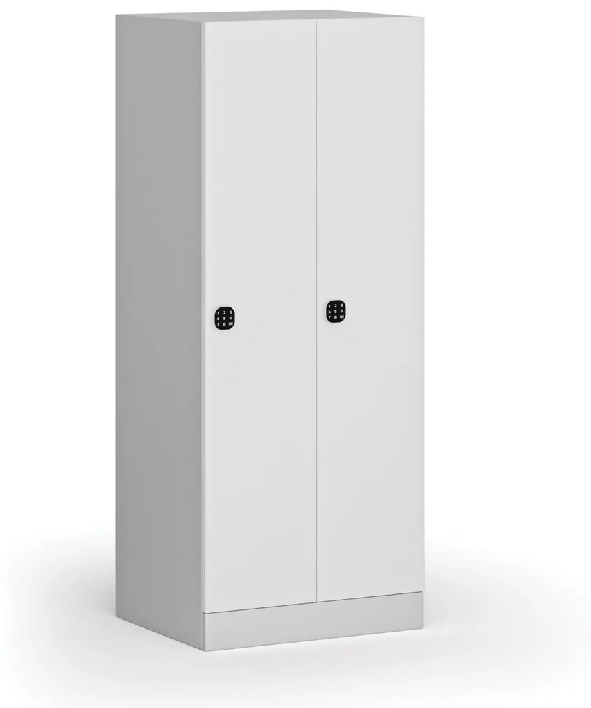 Šatníková skrinka znížená, 2 oddiely, 1500 x 600 x 500 mm, kódový zámok, laminované dvere, biela
