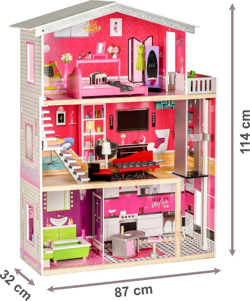 Drevený domček pre bábiky Malibu ECOTOYS – 3-poschodový s výťahom, 10-dielny nábytok