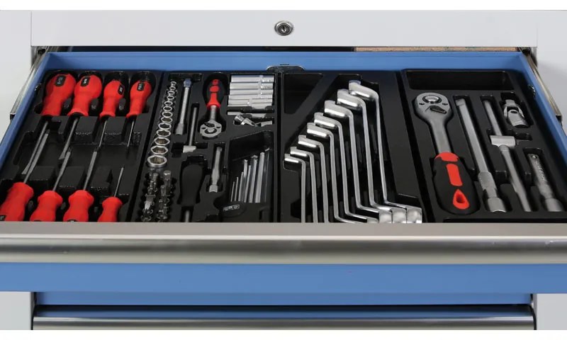 Zásuvkový dielenský box k pracovnej doske EXPERT, 4 zásuvky, 680 x 455 x 910 mm, modrá