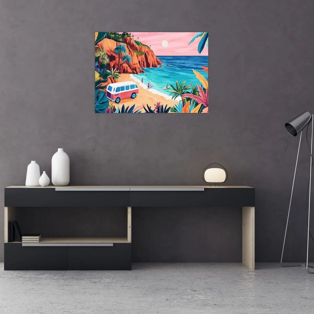 Sklenený obraz - Karavan pri oceáne (70x50 cm)