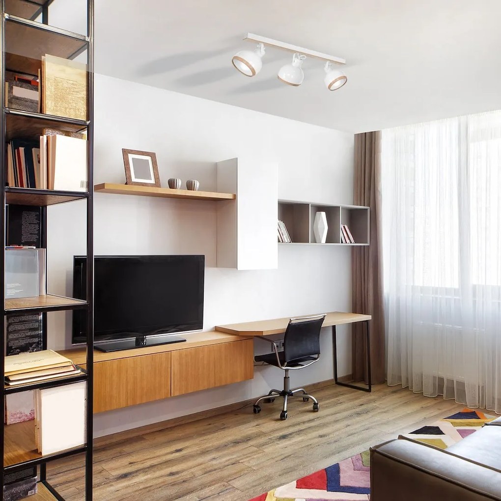 Bodové svietidlo Oval, 3x drevené/biele kovové tienidlo, w/drevo