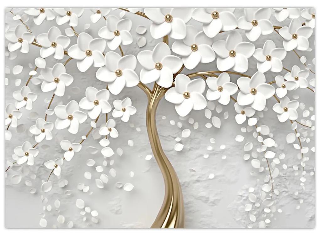 Sklenený obraz bieleho stromu s kvetinami (70x50 cm)