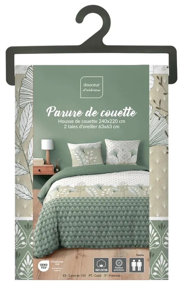 Biele/zelené bavlnené obliečky na dvojlôžko/predĺžené 240x220 cm Poetine – douceur d'intérieur