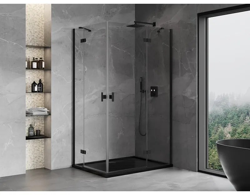 Mexen Mist-H Duo, 2-krídlový výklopný sprchový kút 75 x 105 cm, číre sklo, čierny profil, 8A5-075L-105P-70-00