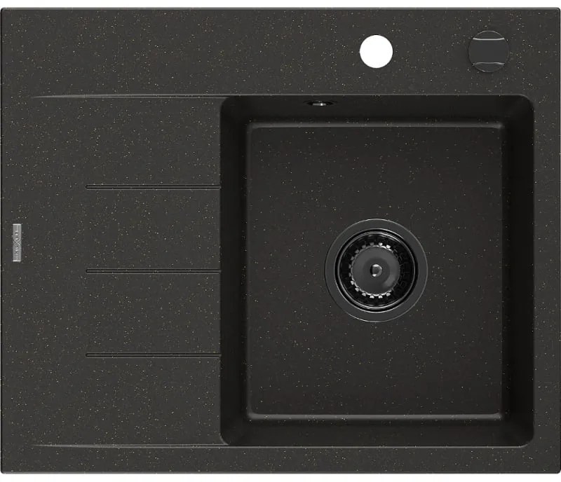Mexen Ben, 1-komorový granitový drez 600x500x190 mm, pravý + čierny sifón, čierna-zlatá metalíza, 6523605000-75-B