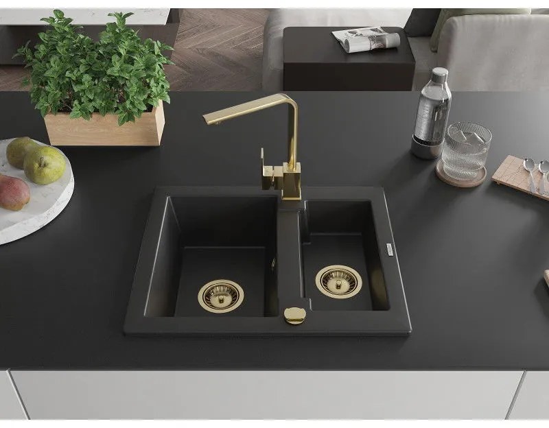 Mexen Carlos, 1,5-komorový granitový drez s odkvapkávačom 582x475x177 mm a zlatá kuchynská batéria Rita, čierna, 6518-77-670300-50