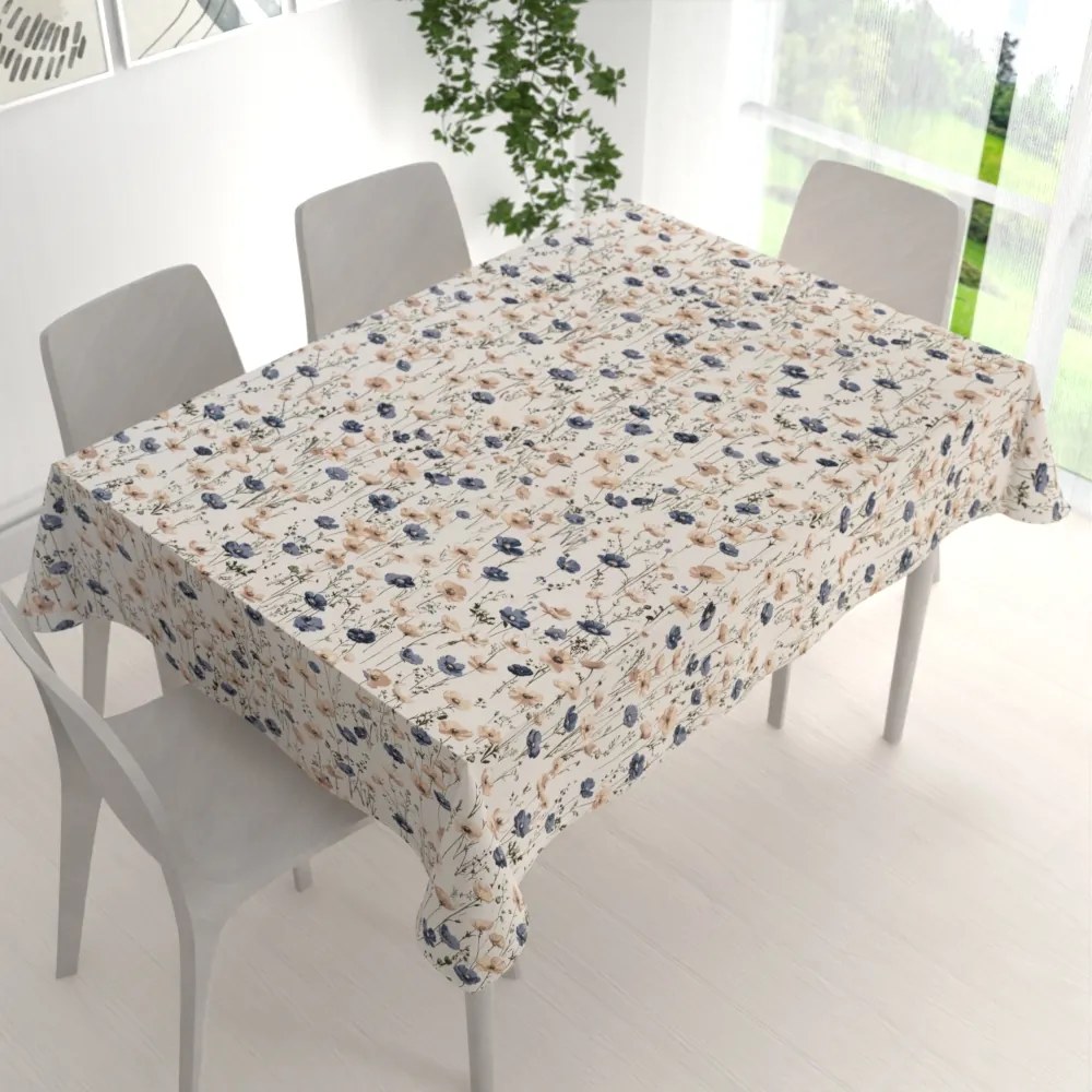 Biante Bavlnený obdĺžnikový obrus Sandra SA-630 Modro-hnedé vlčie maky na svetlo vanilkovom 50x100 cm