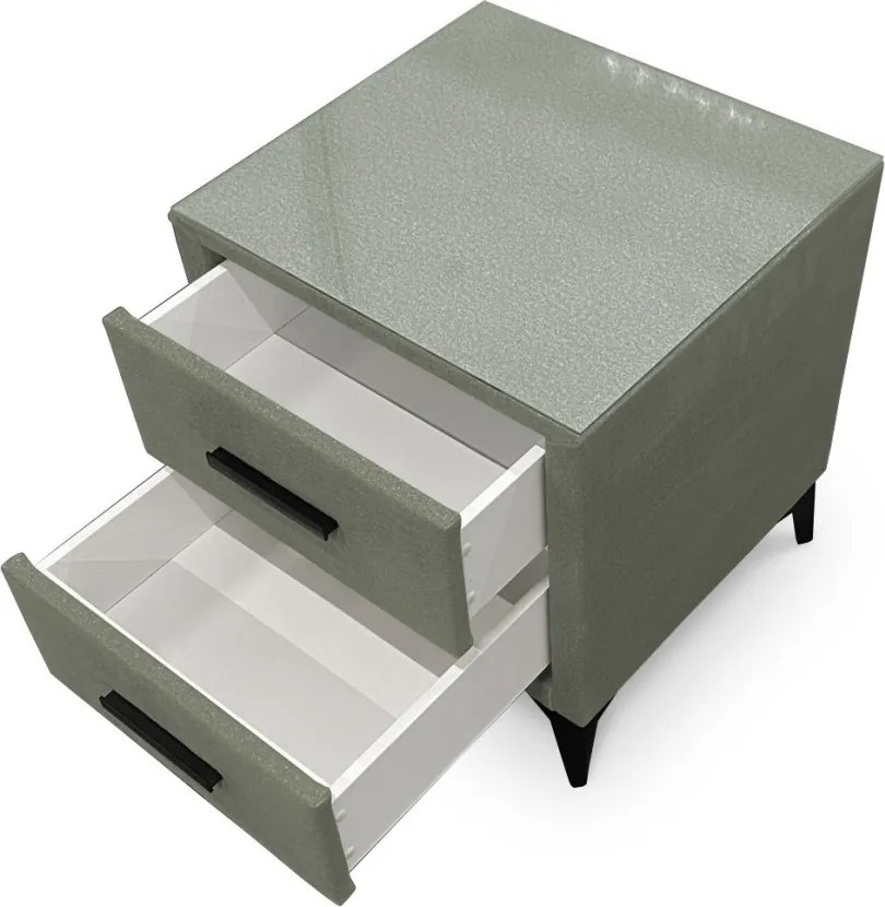 Nočný stolík s 2 zásuvkami Joy, olivovo zelená látka