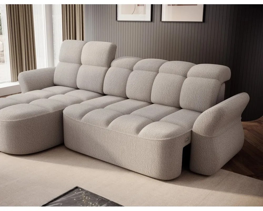 Béžová rozkladacia/s úložným priestorom rohová pohovka z textílie buklé (ľavý roh/s leňoškou) Beneth – ELTAP