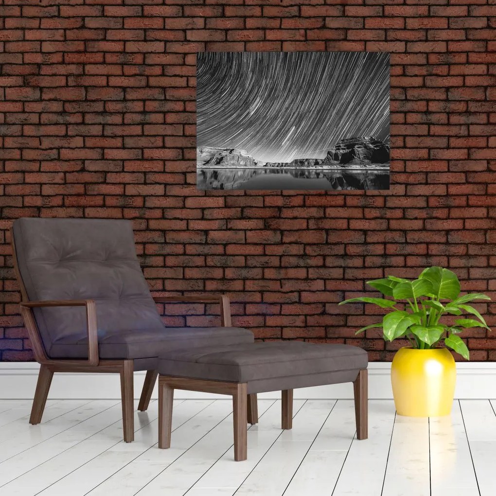 Čiernobiely sklenený obraz hviezdnej oblohy (70x50 cm)