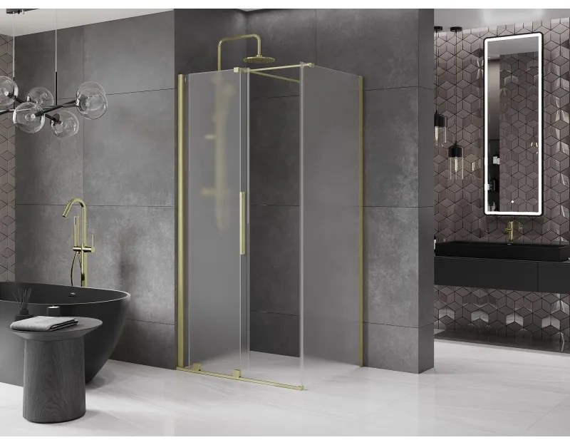 Mexen Velar, sprchový kút s posuvnými dverami 130 x 90 cm, 8mm sklo námraza, zlatá matná, 871-130-090-31-55