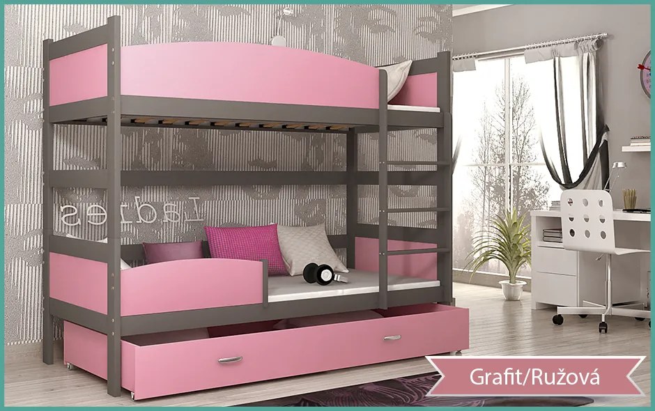 GL Swing 2 Grafit MDF poschodová posteľ s boxom 184x80 Farba: Ružová