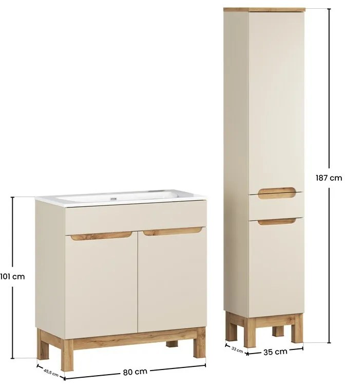 Kúpeľňová zostava Bali Sky so zápustným umývadlom a skrinkami 80 cm kašmírová/dub wotan