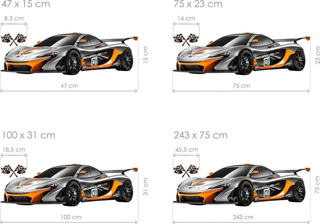 McLaren P1 GTR textilní prelepiteľná nálepka na stenu hárok 47 x 15 cm