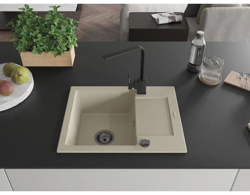 Mexen Enzo, granitový drez 576x465x174 mm, 1-komorový a čierna batéria Rita, béžová, 6506-69-670300-70
