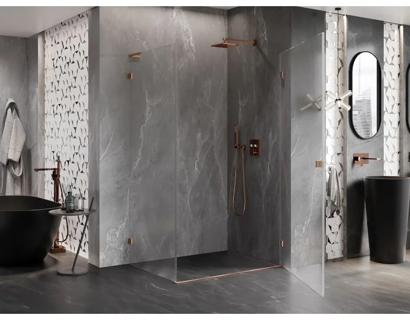 Mexen Lunar-B L pravý výklopný sprchový kút 85 x 80 cm, číre sklo, medená matná, 832L-085-080-65-00-P