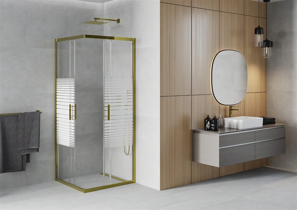 Mexen Rio, štvorcový sprchovací kút s posuvnými dverami 70 (dvere) x 70 (dvere) x 190 cm, 5mm číre sklo s pásikmi, zlatý profil,  860-070-070-50-20