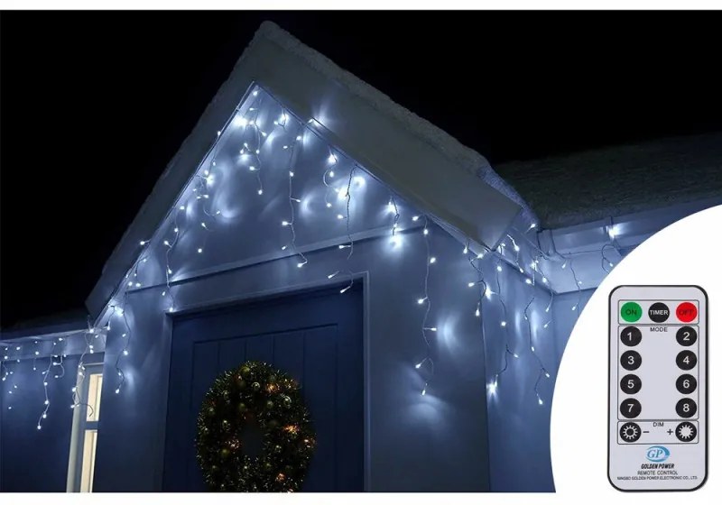 SPRINGOS LED kvaple - 22,5m, 500LED, 8 funkcií, ovládač, IP44, studená biela