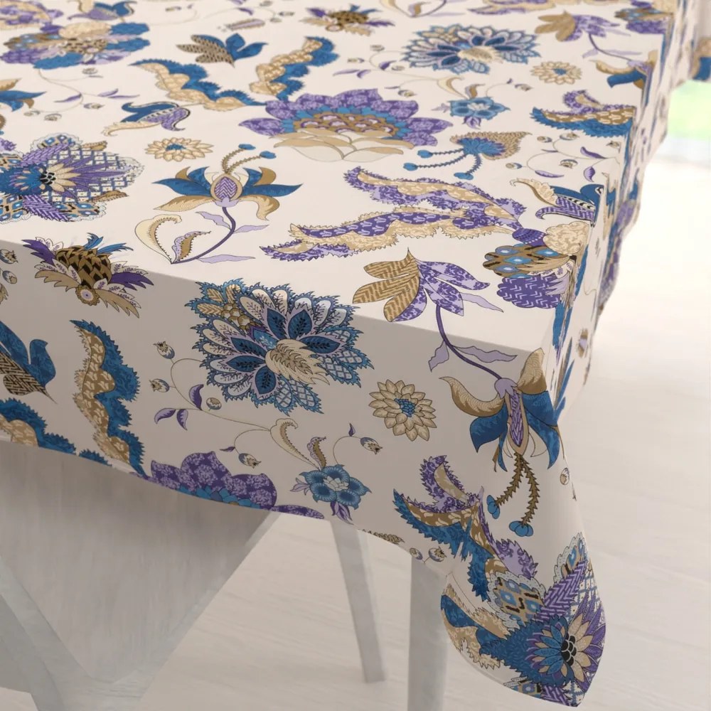 Biante Bavlnený obdĺžnikový obrus Sandra SA-539 Modro-fialové orientálne kvety na svetlo béžovom 50x100 cm
