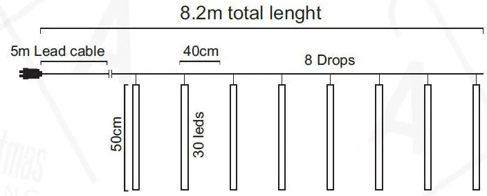 ACA Lighting LED vianočné záves Cencúle, 8,2m, studená biela, IP44, 240 LED