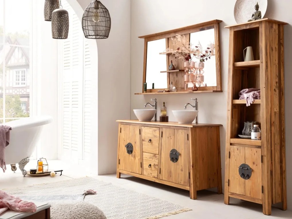 furniture-nabytek.cz - Masivní umyvadlová skříňka Rangún z borovice, lakovaná, hnědá – 140×45×75 cm