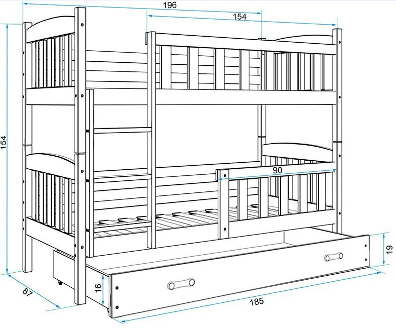 Poschodová posteľ KUBO - 190x80cm - Biela - Biela