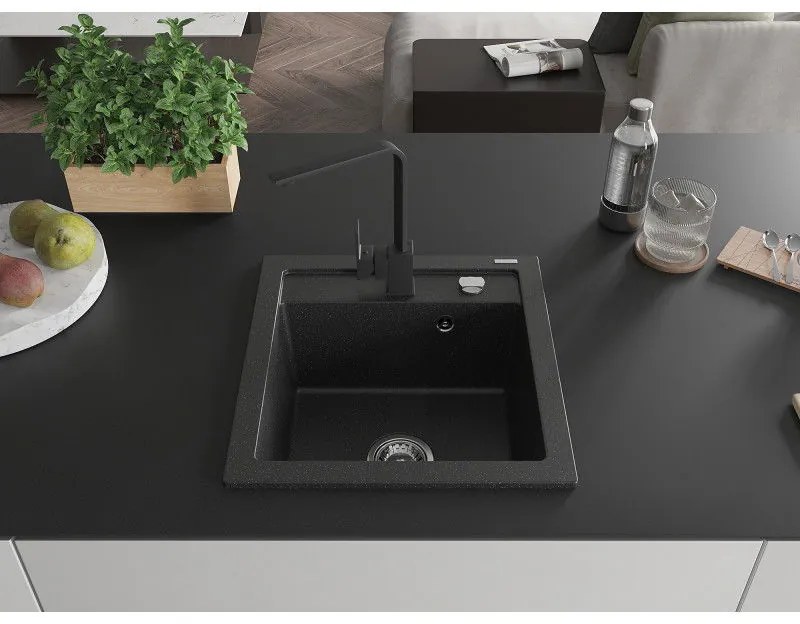 Mexen Vito, 1-komorový granitový drez 520x490x210 mm, čierna batéria Rita, čierna-strieborná metalíza, 6503-73-670300-70