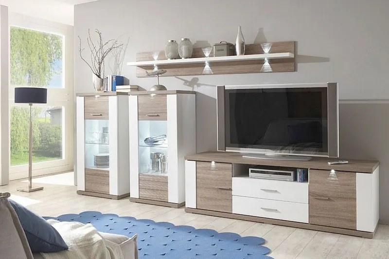 Vitrína Caracas typ 28, dub / biely lesk, s osvetlením