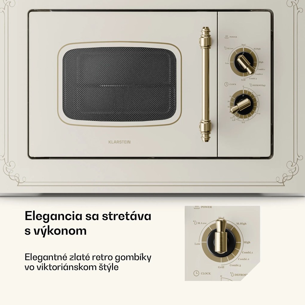 Klarstein Victoria 20, vstavaná mikrovlnná rúra, 20 l, 800 W, gril: 1000 W, slonová kosť