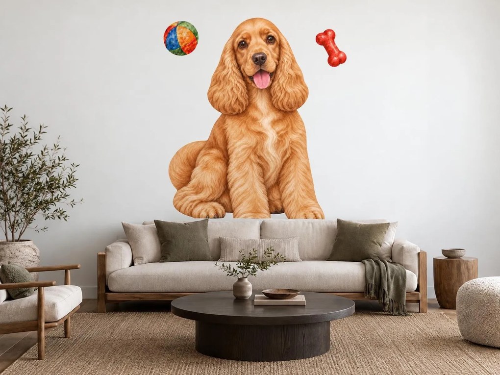 Anglický kokršpanel s loptičkou a kosťou realistické textilné nálepky na stenu pre milovníkov kokršpanelov arch 32 x 46 cm