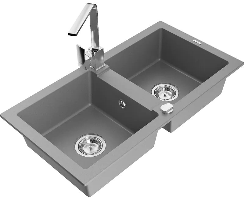 Mexen Mario, granitový drez 820x436x161 mm, 2-komorový, šedá s chrómovým sifónom a chrómová drezová batéria Rita, 6504-71-670300-00