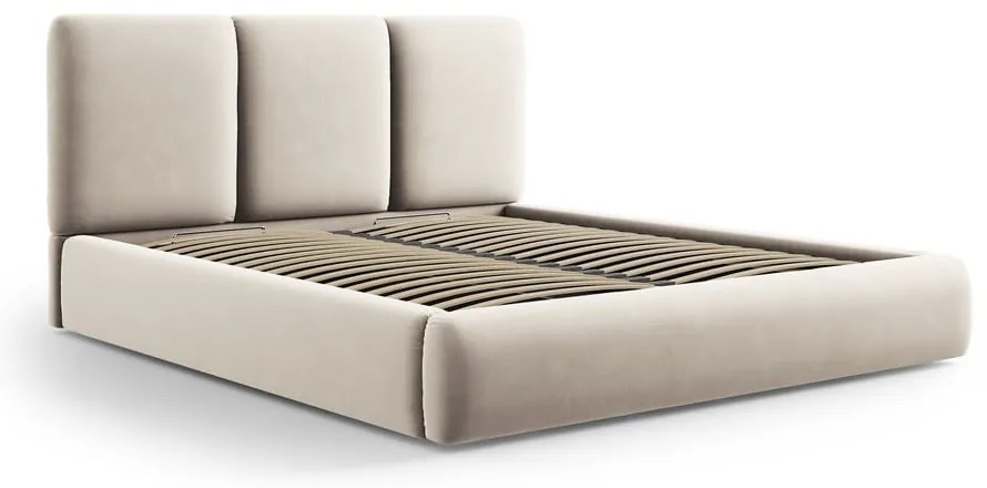 Krémová zamatová čalúnená dvojlôžková posteľ s úložným priestorom s roštom 200x200 cm Brody – Mazzini Beds