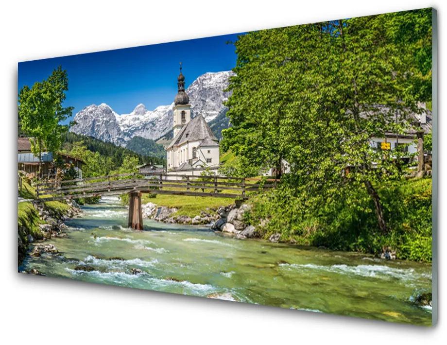 Obraz na skle Kostol most jazero príroda 125x50 cm